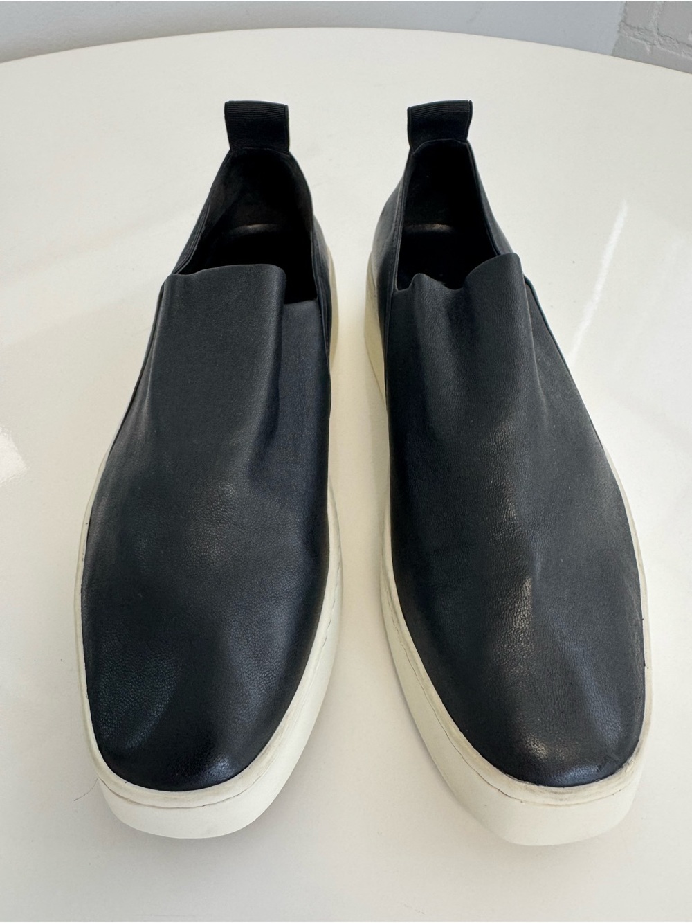 Vince Black Leather Slip-On Sneakers with White Platform Sole